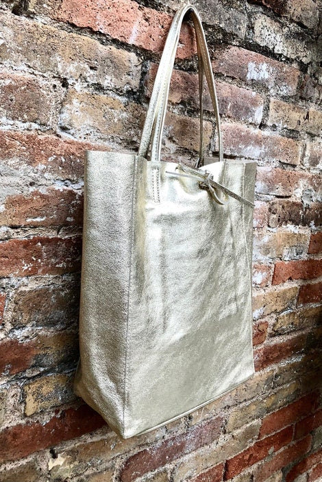 Tote leather bag in GOLD. Leather shopper in natural GENUINE leather. Large carry all bag for your laptop, books. Metallic leather shopper.