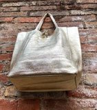 Tote leather bag in GOLD. Leather shopper in natural GENUINE leather. Large carry all bag for your laptop, books. Metallic leather shopper.