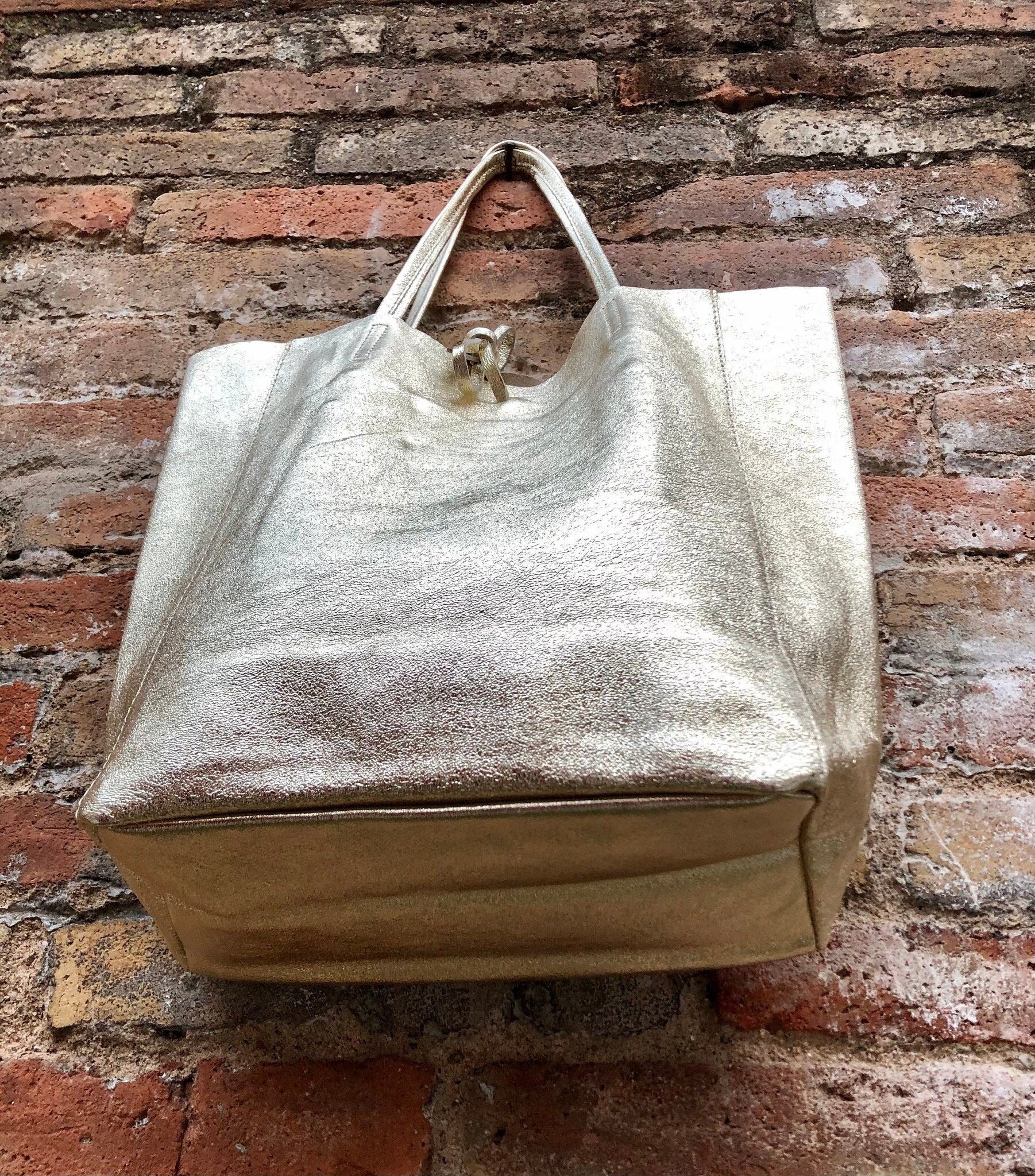 Tote leather bag in GOLD. Leather shopper in natural GENUINE leather. Large carry all bag for your laptop, books. Metallic leather shopper.