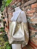 Tote leather bag in GOLD. Leather shopper in natural GENUINE leather. Large carry all bag for your laptop, books. Metallic leather shopper.