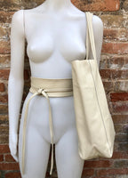 BROKEN WHITE tote bag with belt. Cream soft GENUINE leather bag + belt set. Large light beige leather bag. Computer, tablet or Laptop bag