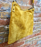 Mustard yellow suede messenger bag with adjustable strap. Soft genuine leather crossbody / shoulder bag for books, tablets. Yellow purse