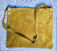 Mustard yellow suede messenger bag with adjustable strap. Soft genuine leather crossbody / shoulder bag for books, tablets. Yellow purse