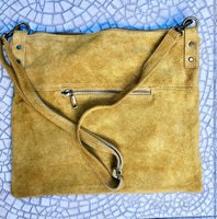 Mustard yellow suede messenger bag with adjustable strap. Soft genuine leather crossbody / shoulder bag for books, tablets. Yellow purse