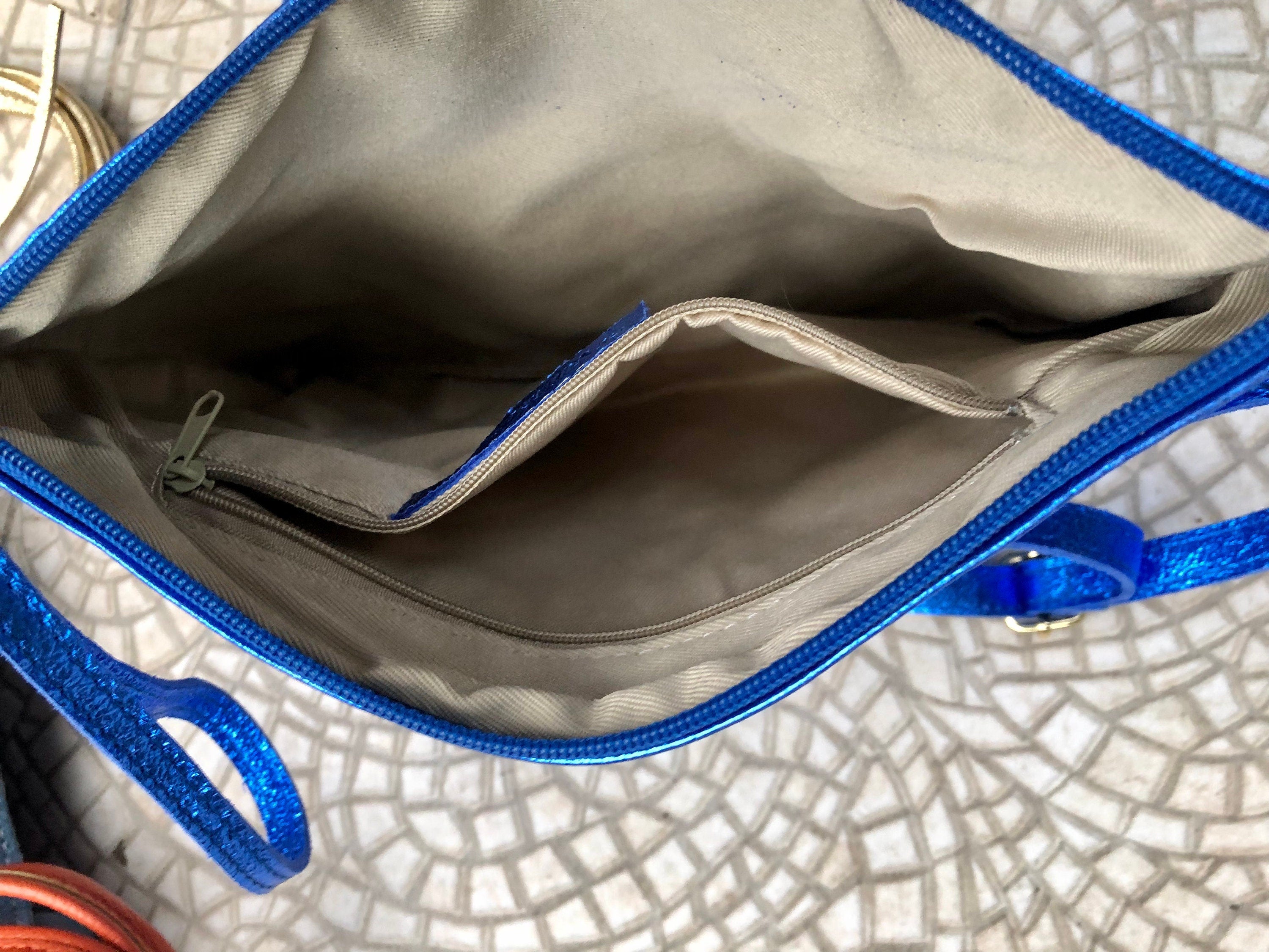 Small genuine leather bag in METALLIC blue. Cross body bag, shoulder bag or wristlet. Small glitter leather purse in glitter cobalt blue