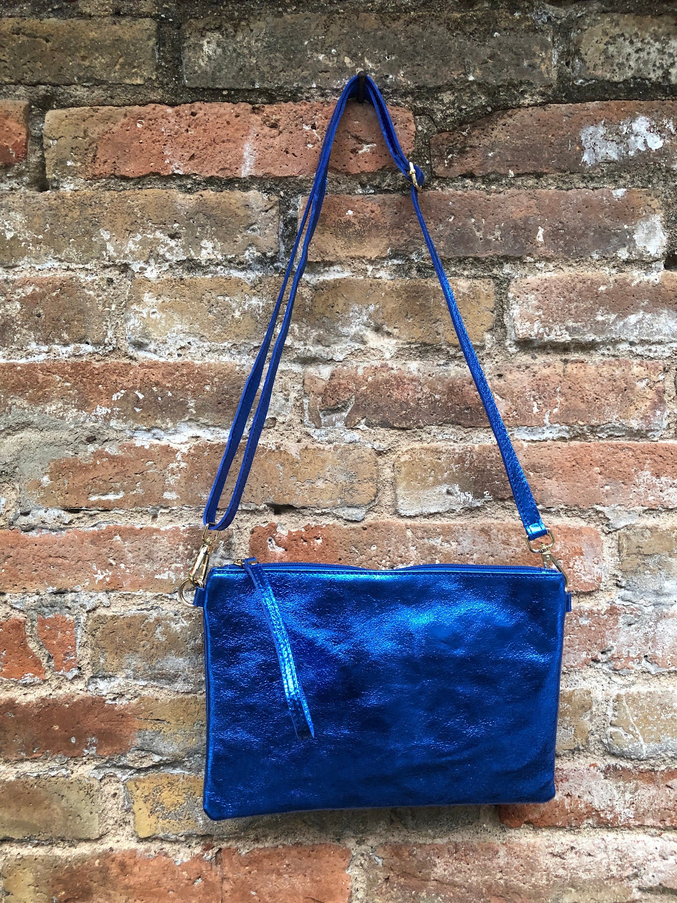 Small genuine leather bag in METALLIC blue. Cross body bag, shoulder bag or wristlet. Small glitter leather purse in glitter cobalt blue