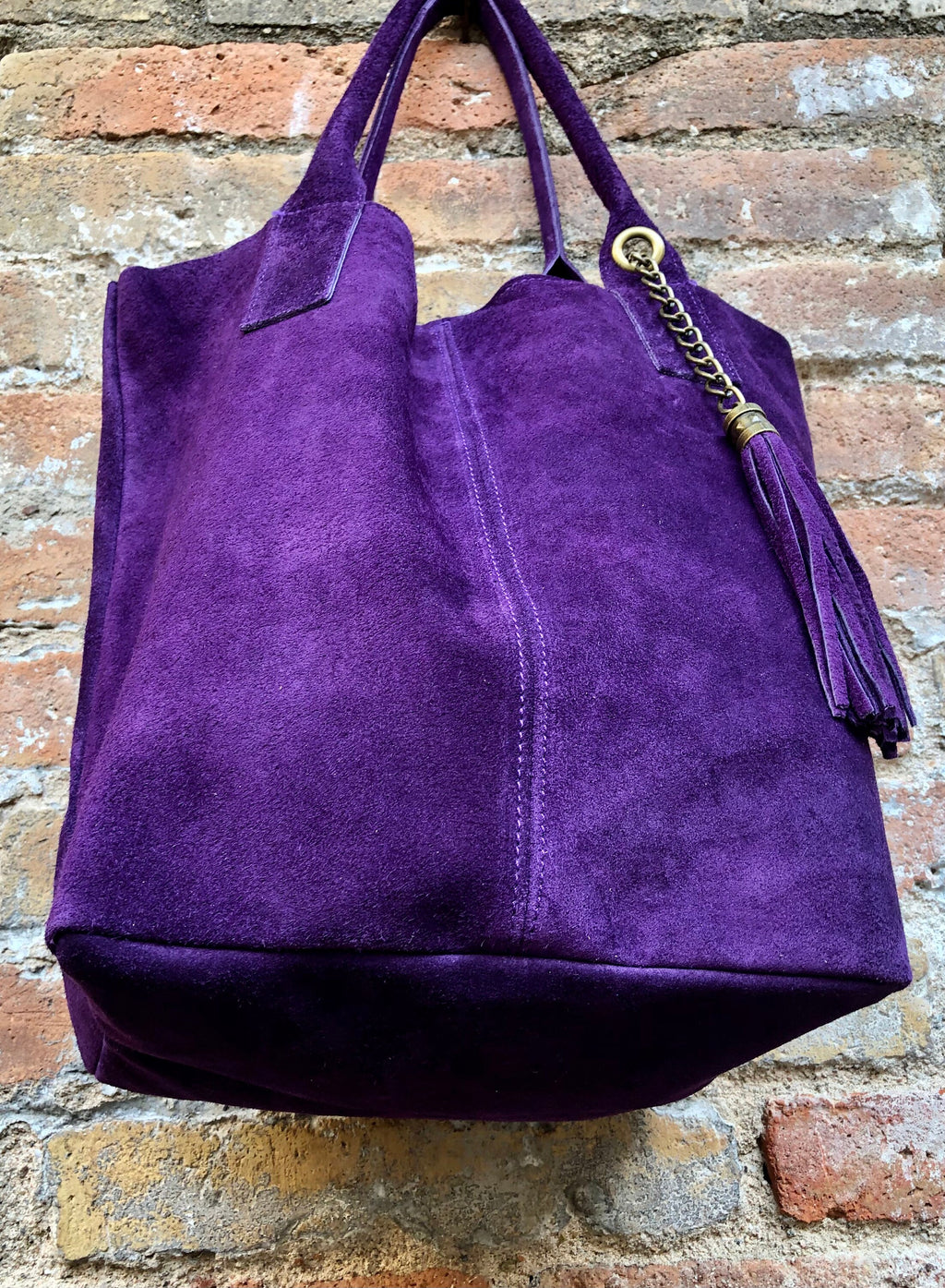 PURPLE leather shopper bag in genuine suede. Slouchy PURPLE color carry all tote bag for laptop, tablet, books. Purple leather purse