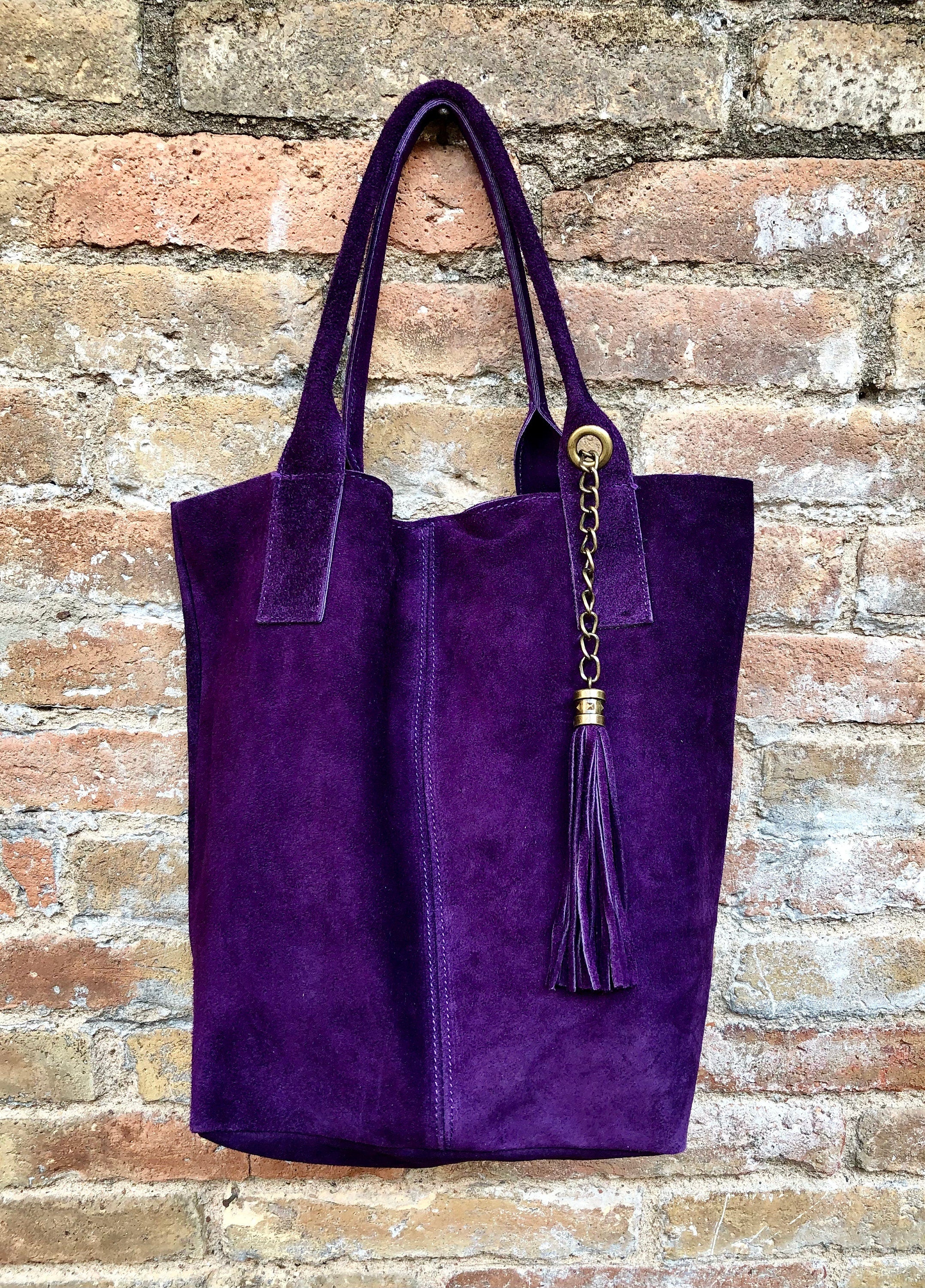 PURPLE leather shopper bag in genuine suede. Slouchy PURPLE color carry all tote bag for laptop, tablet, books. Purple leather purse