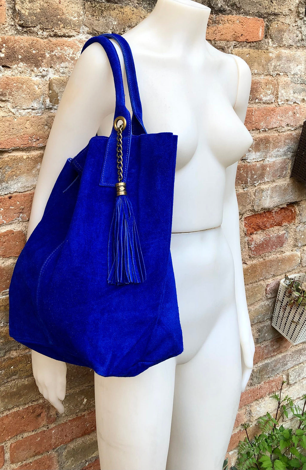 Cobalt BLUE leather shopper bag in genuine suede. Slouchy BLUE carry all tote bag for laptop, tablet, books. Royal BLUE leather purse