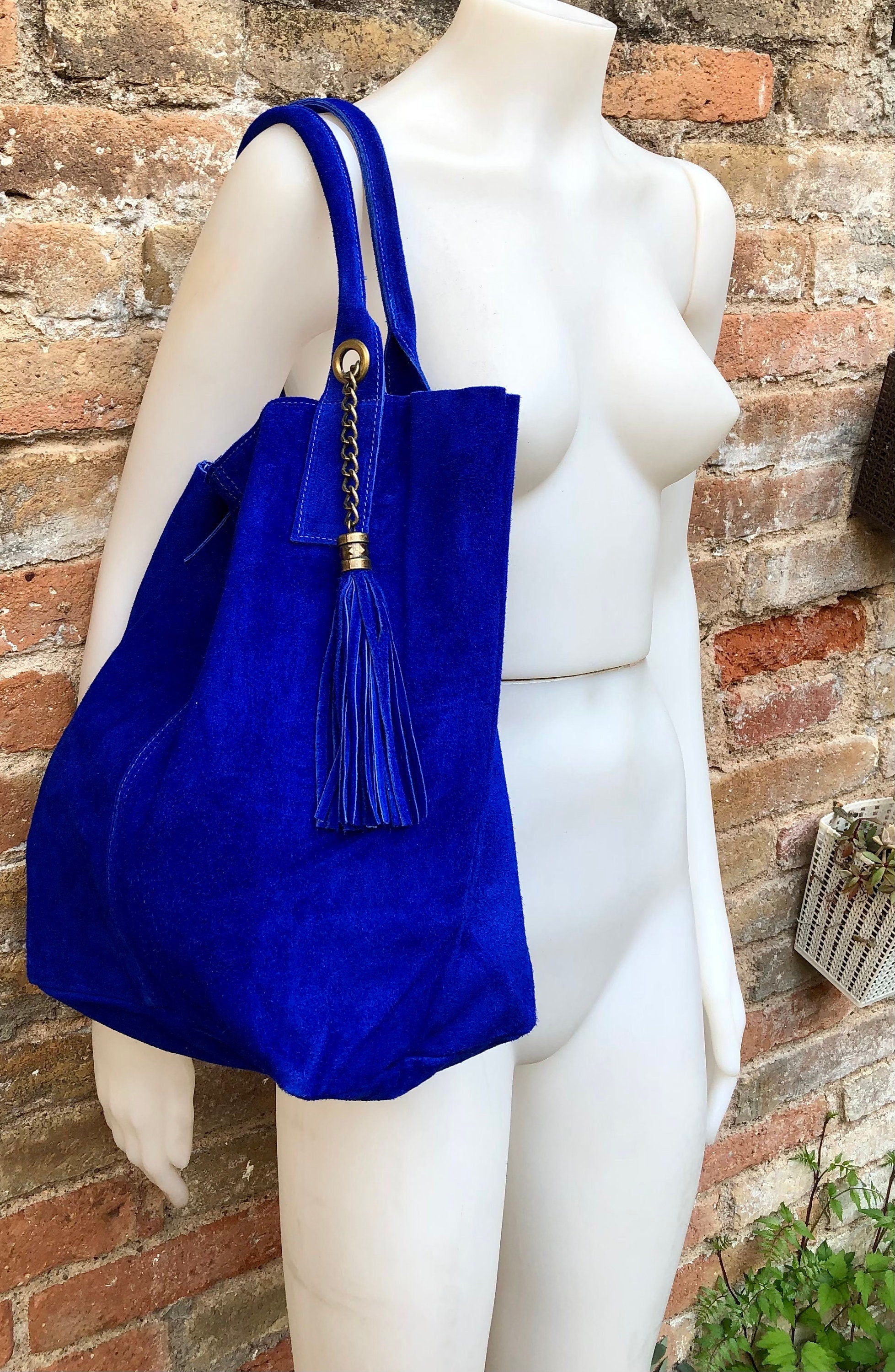 Cobalt BLUE leather shopper bag in genuine suede. Slouchy BLUE carry all tote bag for laptop, tablet, books. Royal BLUE leather purse