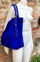 Cobalt BLUE leather shopper bag in genuine suede. Slouchy BLUE carry all tote bag for laptop, tablet, books. Royal BLUE leather purse