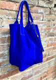 Cobalt BLUE leather shopper bag in genuine suede. Slouchy BLUE carry all tote bag for laptop, tablet, books. Royal BLUE leather purse