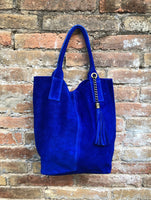 Cobalt BLUE leather shopper bag in genuine suede. Slouchy BLUE carry all tote bag for laptop, tablet, books. Royal BLUE leather purse