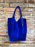 Cobalt BLUE leather shopper bag in genuine suede. Slouchy BLUE carry all tote bag for laptop, tablet, books. Royal BLUE leather purse