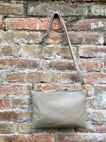 BEIGE small leather bag. GENUINE leather cross body or shoulder bag / wristlet. Dark beige bag + adjustable strap. Cafe au lait beige purse.