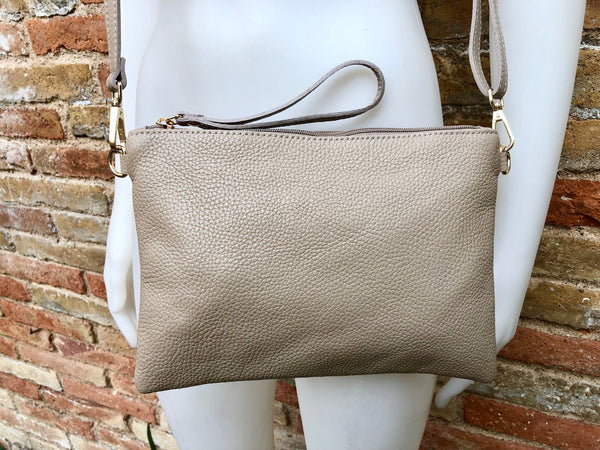 BEIGE small leather bag. GENUINE leather cross body or shoulder bag / wristlet. Dark beige bag + adjustable strap. Cafe au lait beige purse.