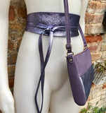 Purple purse + obi waist belt. Genuine leather bag and wrap belt set in metallic shine leather. Disco 70s purple retro bag and wide belt