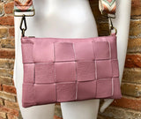 Small leather bag in PINK with extra guitar strap. GENUINE leather cross body bag. Pink purse with zipper and wistlet.