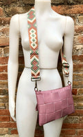 Small leather bag in PINK with extra guitar strap. GENUINE leather cross body bag. Pink purse with zipper and wistlet.