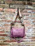 Small leather bag in PINK with extra guitar strap. GENUINE leather cross body bag. Pink purse with zipper and wistlet.