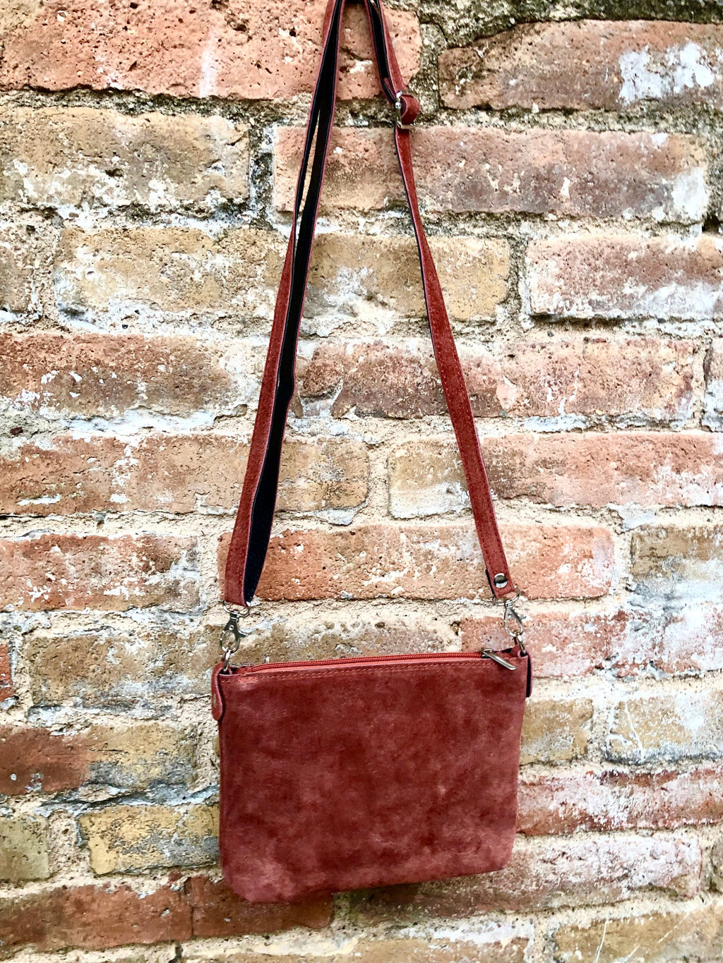 TERRACOTTA suede leather bag. GENUINE leather crossbody / shoulder bag. Small suede bag with adjustable strap + zipper. Orange - brown purse