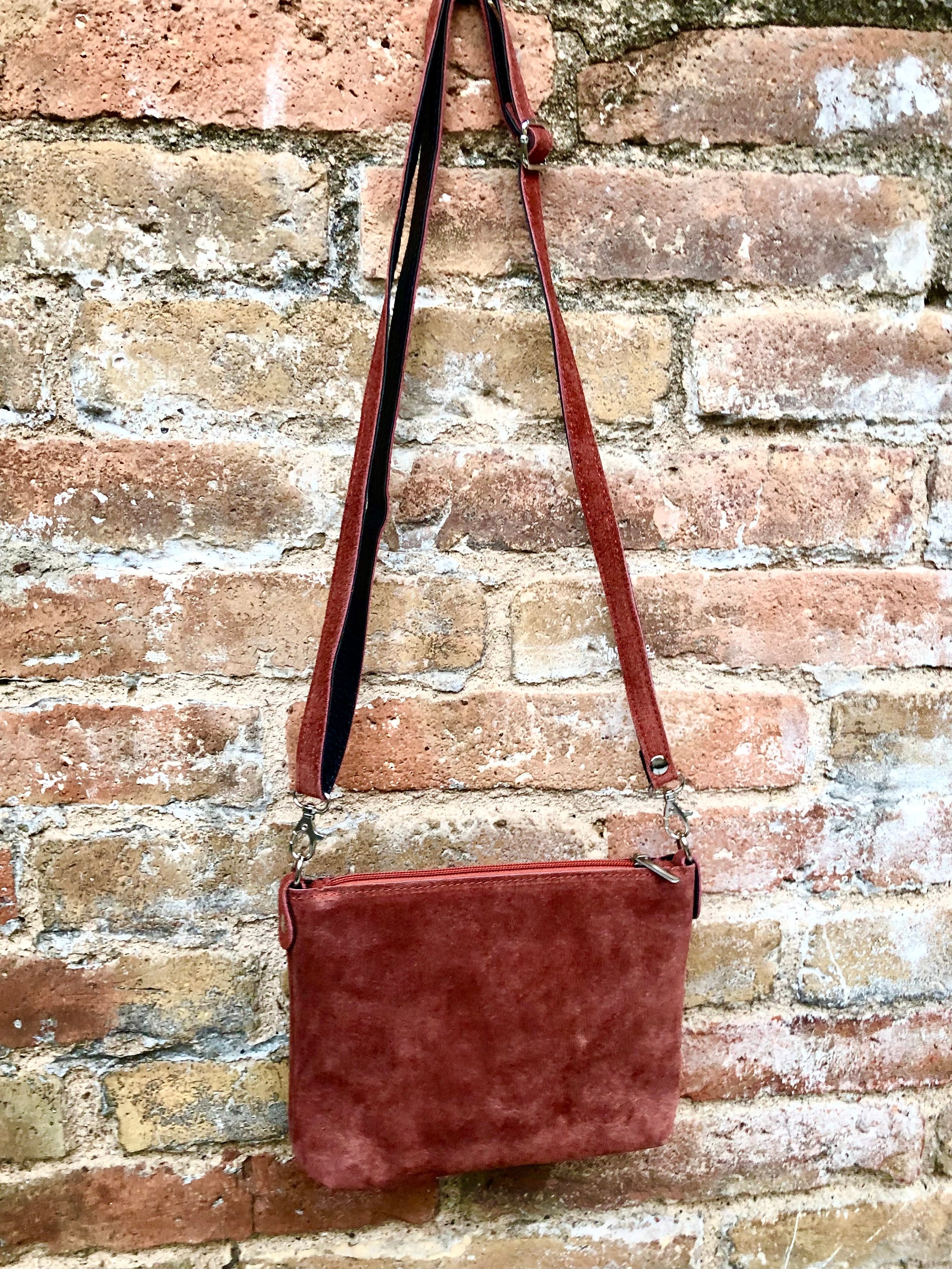 TERRACOTTA suede leather bag. GENUINE leather crossbody / shoulder bag. Small suede bag with adjustable strap + zipper. Orange - brown purse