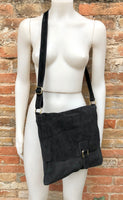 BOHO suede messenger leather bag in BLACK. Cross body bag in BLACK suede. Soft genuine leather messenger bag. School bags