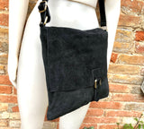 BOHO suede messenger leather bag in BLACK. Cross body bag in BLACK suede. Soft genuine leather messenger bag. School bags