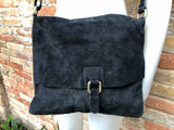 BOHO suede messenger leather bag in BLACK. Cross body bag in BLACK suede. Soft genuine leather messenger bag. School bags