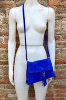 Cobalt blue boho suede leather crossbody bag . Genuine leather blue purse. Blue messenger retro bag with zipper, flap and adjustable strap