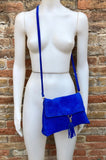 Cobalt blue boho suede leather crossbody bag . Genuine leather blue purse. Blue messenger retro bag with zipper, flap and adjustable strap