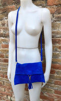Cobalt blue boho suede leather crossbody bag . Genuine leather blue purse. Blue messenger retro bag with zipper, flap and adjustable strap
