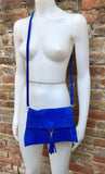 Cobalt blue boho suede leather crossbody bag . Genuine leather blue purse. Blue messenger retro bag with zipper, flap and adjustable strap