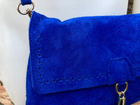Cobalt blue boho suede leather crossbody bag . Genuine leather blue purse. Blue messenger retro bag with zipper, flap and adjustable strap