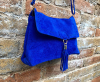 Cobalt blue boho suede leather crossbody bag . Genuine leather blue purse. Blue messenger retro bag with zipper, flap and adjustable strap