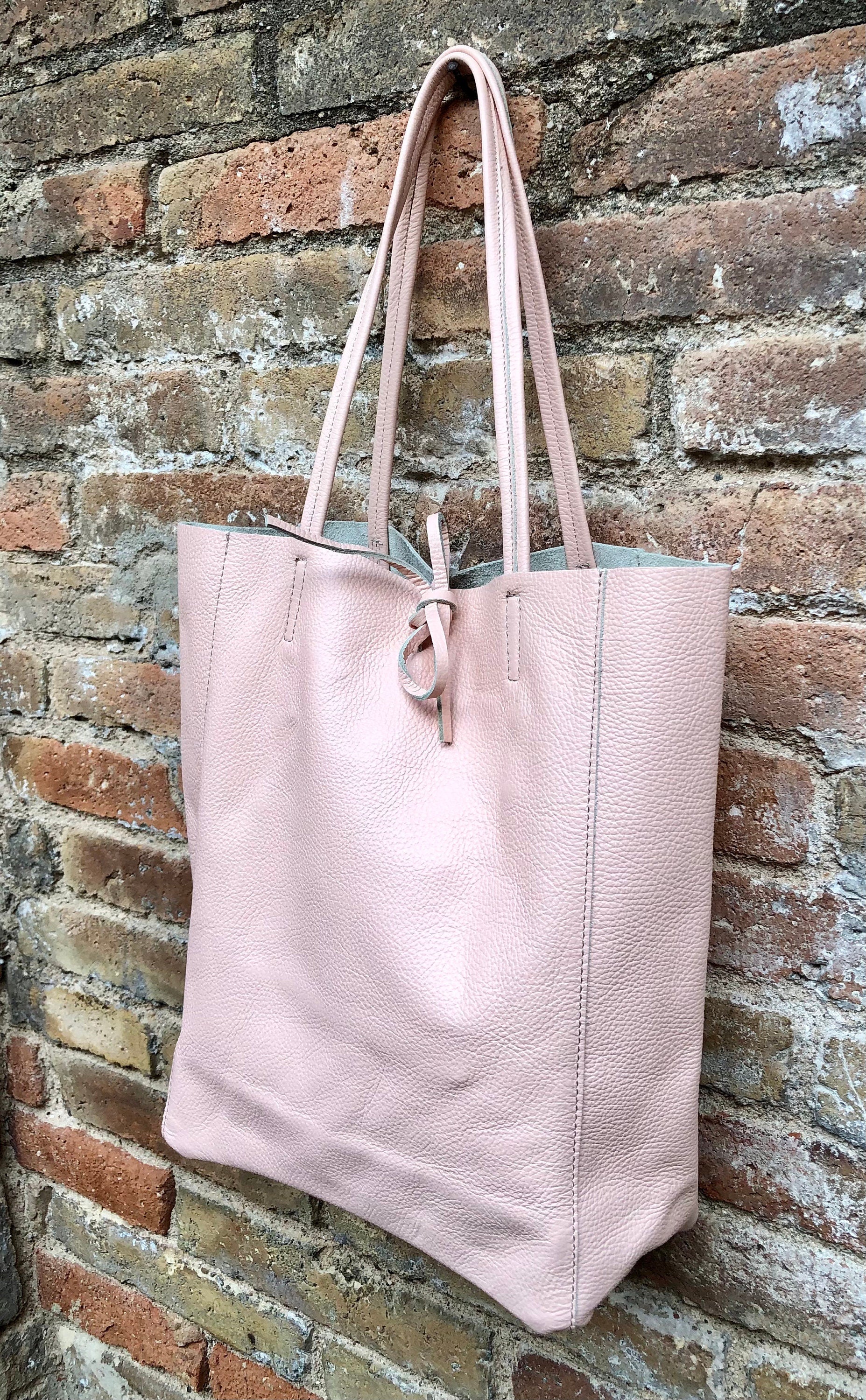 Pink leather bag. TOTE leather shopper in light PINK. Genuine leather. Soft natural shoulder bag for your laptop, ipad, tablet or books.