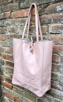 Pink leather bag. TOTE leather shopper in light PINK. Genuine leather. Soft natural shoulder bag for your laptop, ipad, tablet or books.