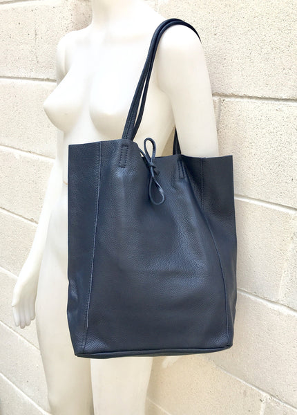 Tote leather bag in NAVY blue. Leather shopper in natural GENUINE leather. Large carry all bag for your laptop, books.BLUE leather shopper.