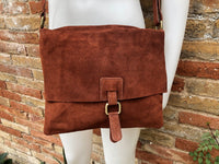 BOHO suede bag in dark camel BROWN. Soft genuine leather bag. Dark brown suede purse. Crossbody messenger bag for books, tablets etc