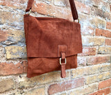 BOHO suede bag in dark camel BROWN. Soft genuine leather bag. Dark brown suede purse. Crossbody messenger bag for books, tablets etc