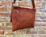 BOHO suede bag in dark camel BROWN. Soft genuine leather bag. Dark brown suede purse. Crossbody messenger bag for books, tablets etc