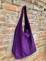 PURPLE slouch leather bag. Shoulder bag made with soft natural suede. Boho suede leather shopper + ZIPPER. Carry all bag for books, tablets