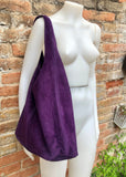 PURPLE slouch leather bag. Shoulder bag made with soft natural suede. Boho suede leather shopper + ZIPPER. Carry all bag for books, tablets