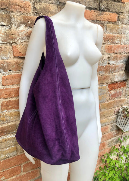 PURPLE slouch leather bag. Shoulder bag made with soft natural suede. Boho suede leather shopper + ZIPPER. Carry all bag for books, tablets