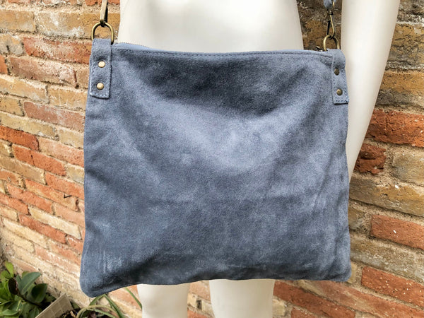 DENIM BLUE suede messenger bag with suede strap. Soft genuine leather crossbody / shoulder bag for books, tablets. Blue - GRAY suede purse