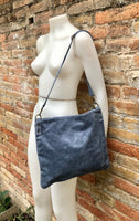 DENIM BLUE suede messenger bag with suede strap. Soft genuine leather crossbody / shoulder bag for books, tablets. Blue - GRAY suede purse