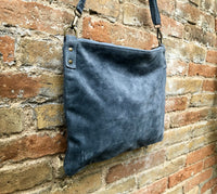 DENIM BLUE suede messenger bag with suede strap. Soft genuine leather crossbody / shoulder bag for books, tablets. Blue - GRAY suede purse