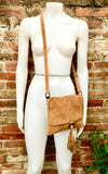 Cross body bag. Boho leather bag in CAMEL brown. Soft genuine suede leather. Crossover, messenger bag in suede. Saddle brown small bag