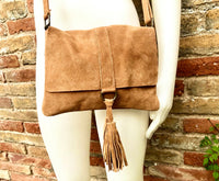 Cross body bag. Boho leather bag in CAMEL brown. Soft genuine suede leather. Crossover, messenger bag in suede. Saddle brown small bag