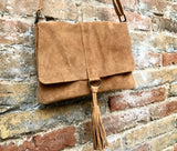 Cross body bag. Boho leather bag in CAMEL brown. Soft genuine suede leather. Crossover, messenger bag in suede. Saddle brown small bag